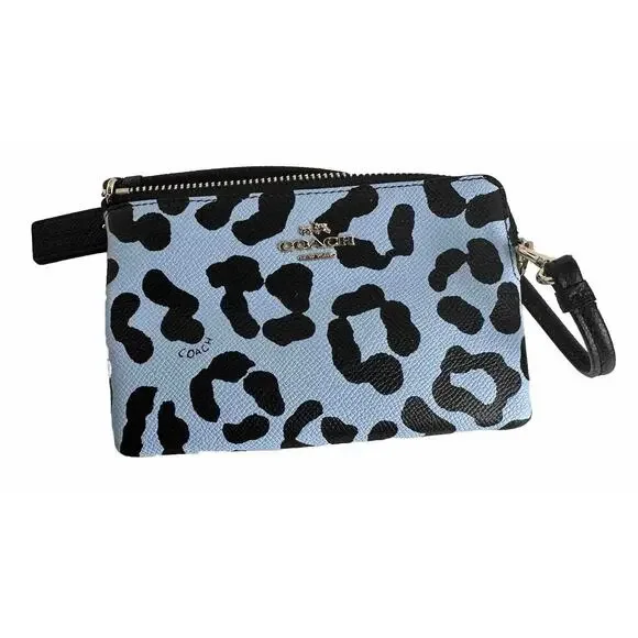 Coach Ocelot Print Grossgrain Leather Corner Zip Wristlet, Blue, Black, 41-15